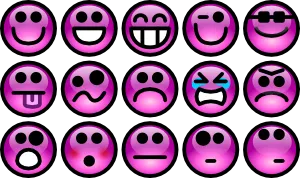 Grid of 15 glossy pink smiley faces showing various expressions